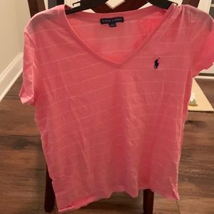 Pink with white stripes Ralph Lauren women’s short sleeve shirt
